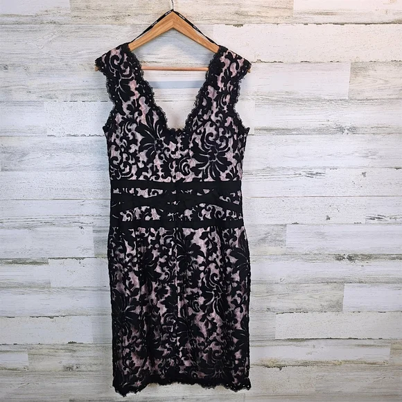 Tadashi Shoji Black Lace Overlay Cocktail Dress 16 Elegant Romantic Sheath - Picture 4 of 14